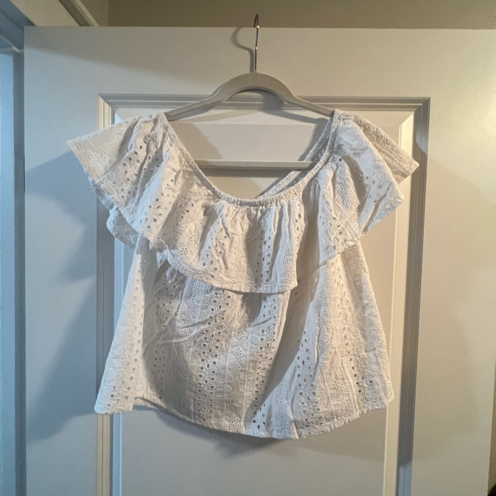 White eyelet off the shoulder top